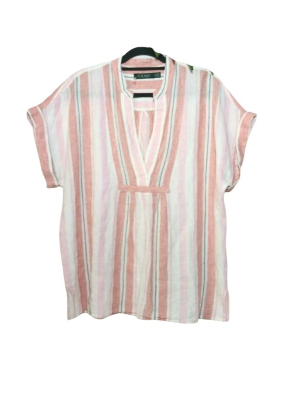 Lauren Ralph Lauren Linen  Women's Striped V-Neck Short-Sleeve Blouse 1X Summer